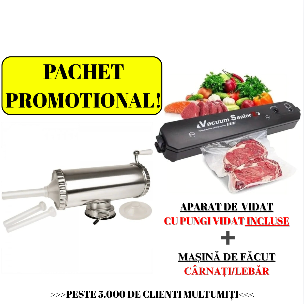 PACHET PROMOTIONAL!! Masina De Facut Carnati Sau Lebar + Aparat de sigilat si vidat Vacuum Sealer S, 90W + Pungi de Vidat BONUS!