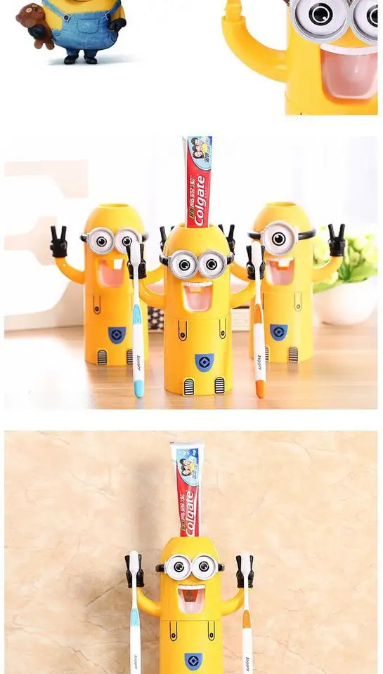 Dozator pasta de dinti cu suport pentru 2 periute, model Minions