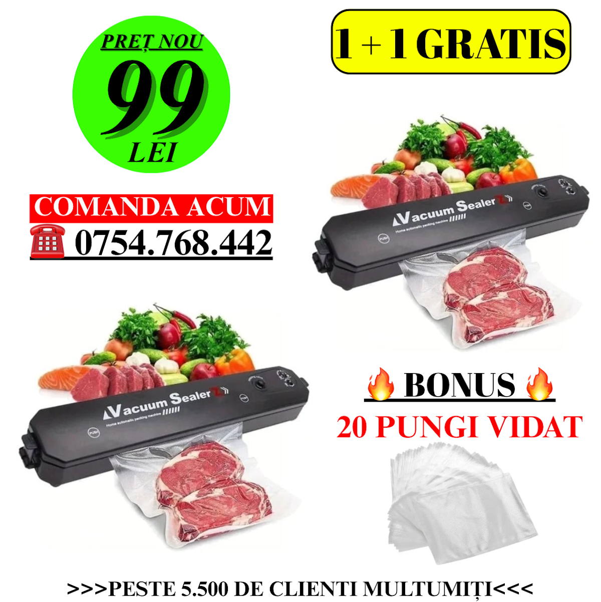 Ofertă Promoțională 2 Bucăți x Aparat de sigilat si vidat Vacuum Sealer S, 90W + Pungi de Vidat BONUS!