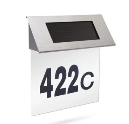 Numar de casa din inox, cu iluminare led si alimentare solara