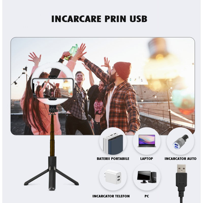 LED Selfie Stick Bluetooth L07, portabil, trepied, 90 cm