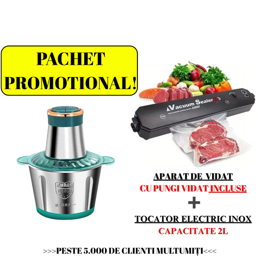 PACHET PROMOTIONAL!! Tocator Electric Multifunctional 1200W, Bol Inox 2L, 2 Viteze + Aparat de Sigilat si Vidat Vacuum Sealer + Pungi de Vidat BONUS