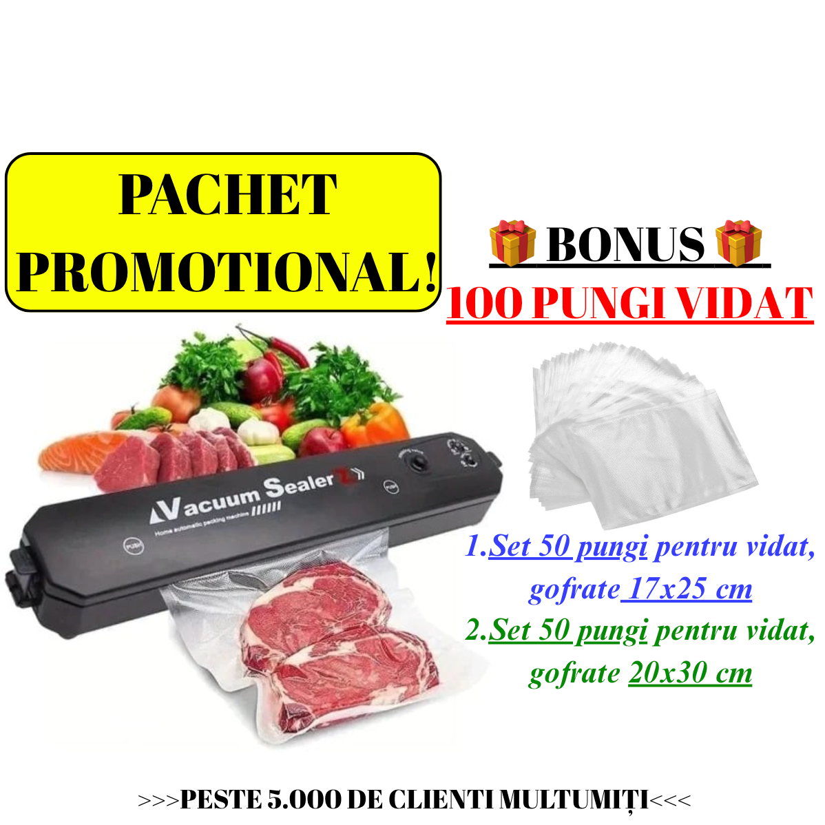Super Ofertă Promoțională! Aparat de sigilat si vidat Vacuum Sealer S, 90W + 100 Pungi de Vidat BONUS!