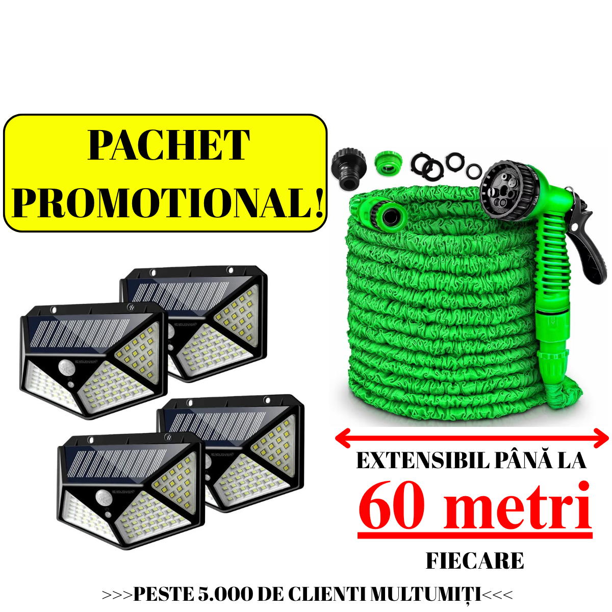 PACHET PROMOTIONAL!! SET 4 LAMPI SOLARE 100 LED-URI + FURTUN DE GRADINA 60M + CADOU PISTOL DE UDAT