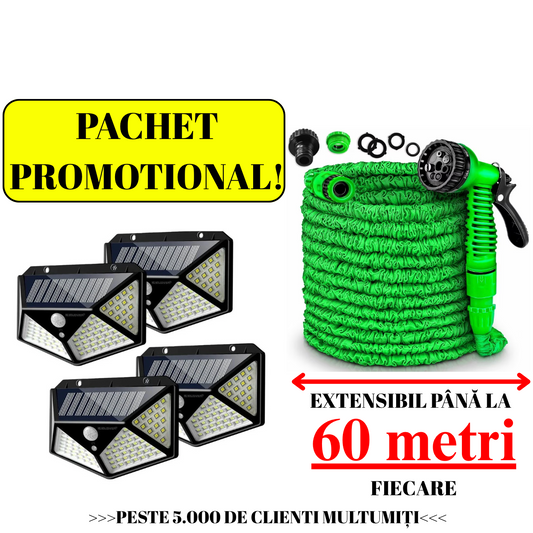 PACHET PROMOTIONAL!! SET 4 LAMPI SOLARE 100 LED-URI + FURTUN DE GRADINA 60M + CADOU PISTOL DE UDAT