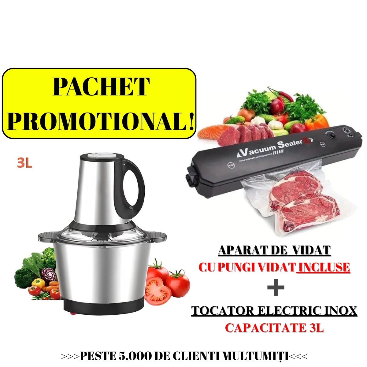 PACHET PROMOTIONAL!! Tocator Electric Multifunctional 1200W, Bol Inox 2L, 2 Viteze + Aparat de Sigilat si Vidat Vacuum Sealer + Pungi de Vidat BONUS