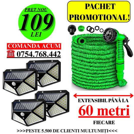 PACHET PROMOTIONAL!! SET 4 LAMPI SOLARE 100 LED-URI + FURTUN DE GRADINA 60M + CADOU PISTOL DE UDAT