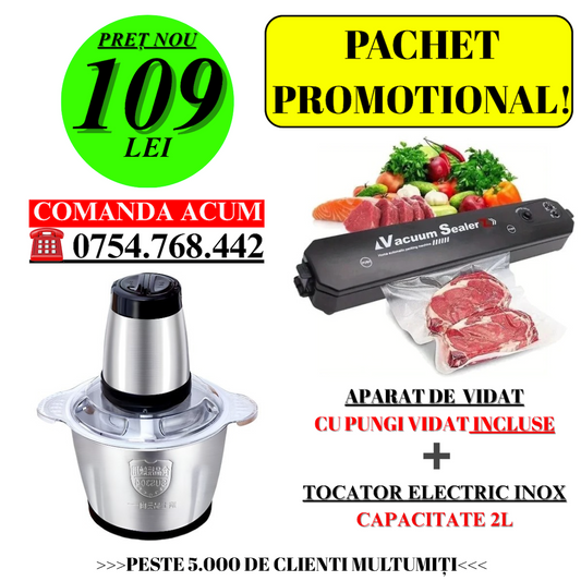PACHET PROMOTIONAL!! Tocator electric, vas din inox , capacitate 2/3L + Aparat de sigilat si vidat Vacuum Sealer S, 90W + Pungi de Vidat BONUS