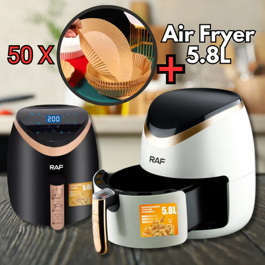 Air Fryer Deluxe Raf Capacitate 5.8L, 1500W, Circulație Aer 360°, Touch Screen + Set 50 de Hârtii de Copt pentru AirFryer